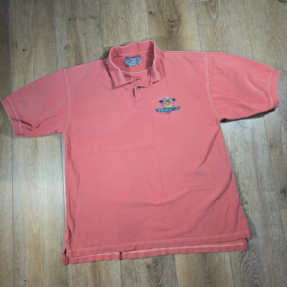 Alaska Grizzly Bear Polo Shirt Mens L Salmon Red Embroidered Wildlife Outdoors